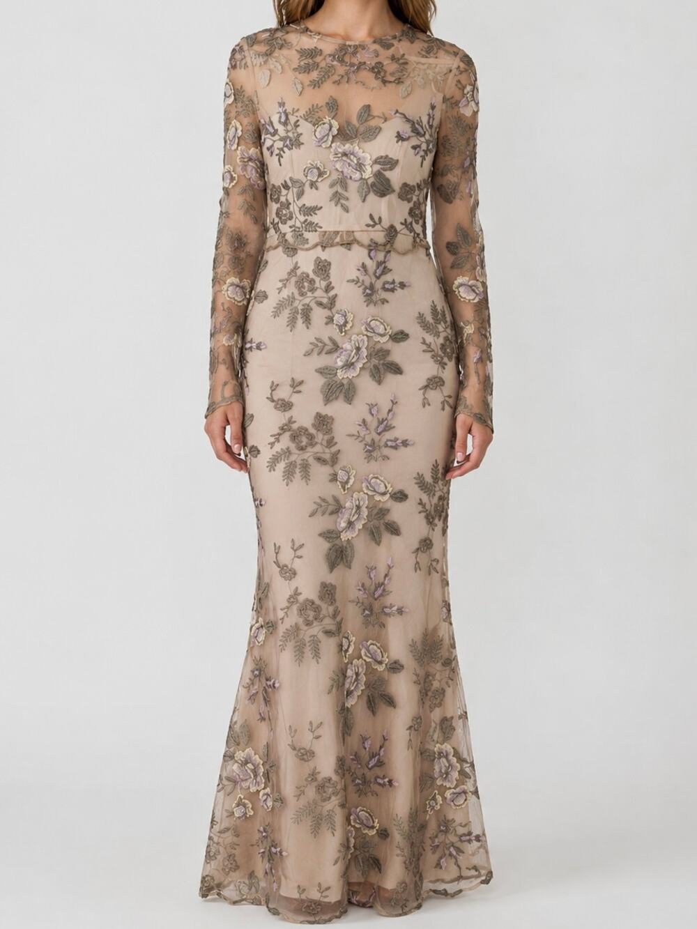 Lotus Threads Floral Illusion Gown Maxi Dress Embroidered Sheer Long Formal Nude